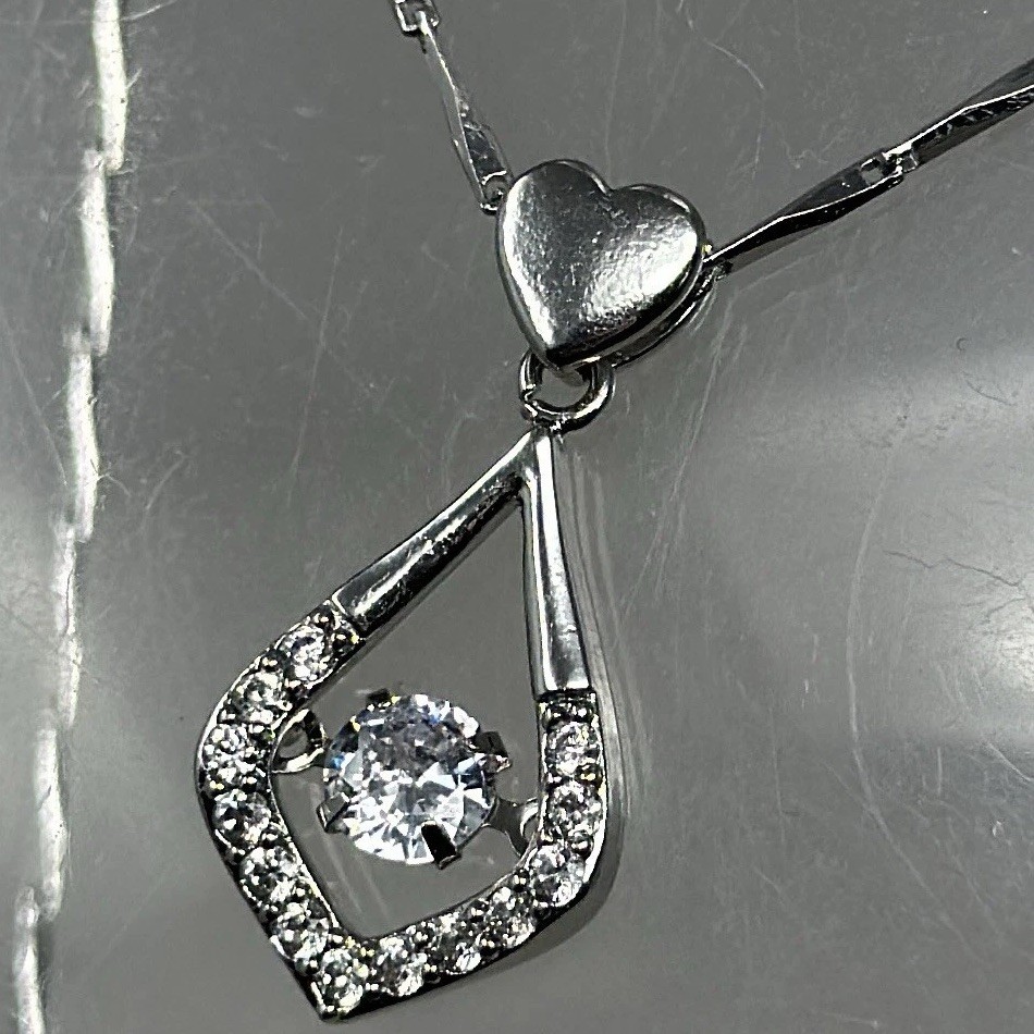 Vintage 925 Sterling Silver Love Drop Dancing Solitaire Crystal Pendant Necklace