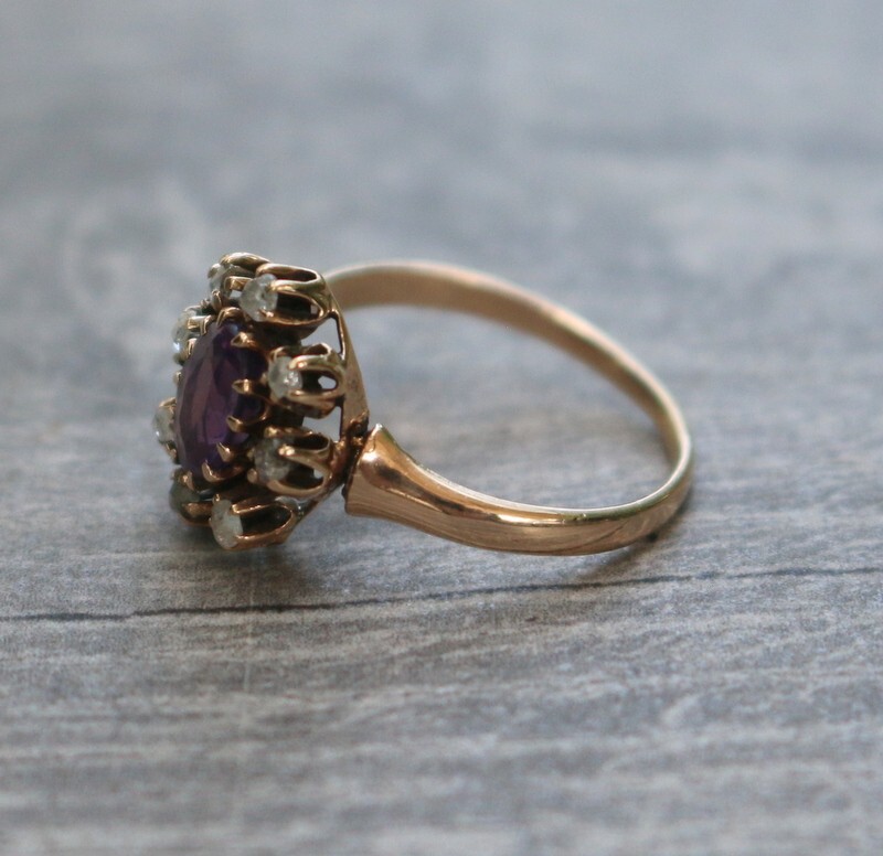 Antique Victorian 14K Gold Rose Cut Diamond Amethyst Engagement Ring Sz 5.75