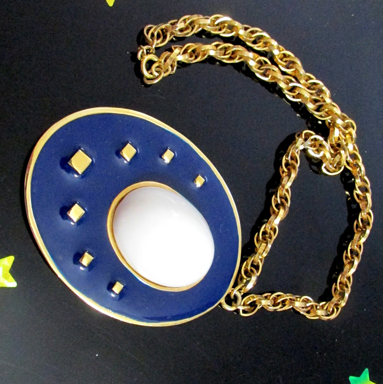 Vtg Runway Rare NAPIER Blue Enamel White Cab Pendant Necklace Book Pc BERTOLLI