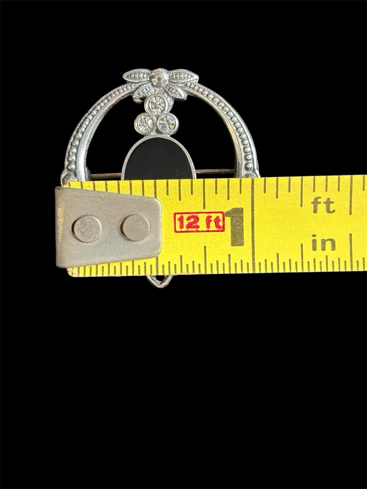 Vtg Reproduction Victorian Mourning Brooch Sterling Silver Black Onyx Rhinestone