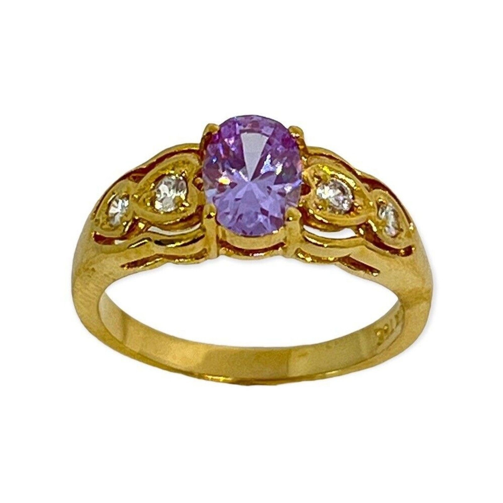 Vintage 1980s Ring Size 4 Lavender CZ Prong Set Gold Plated Band – 14J