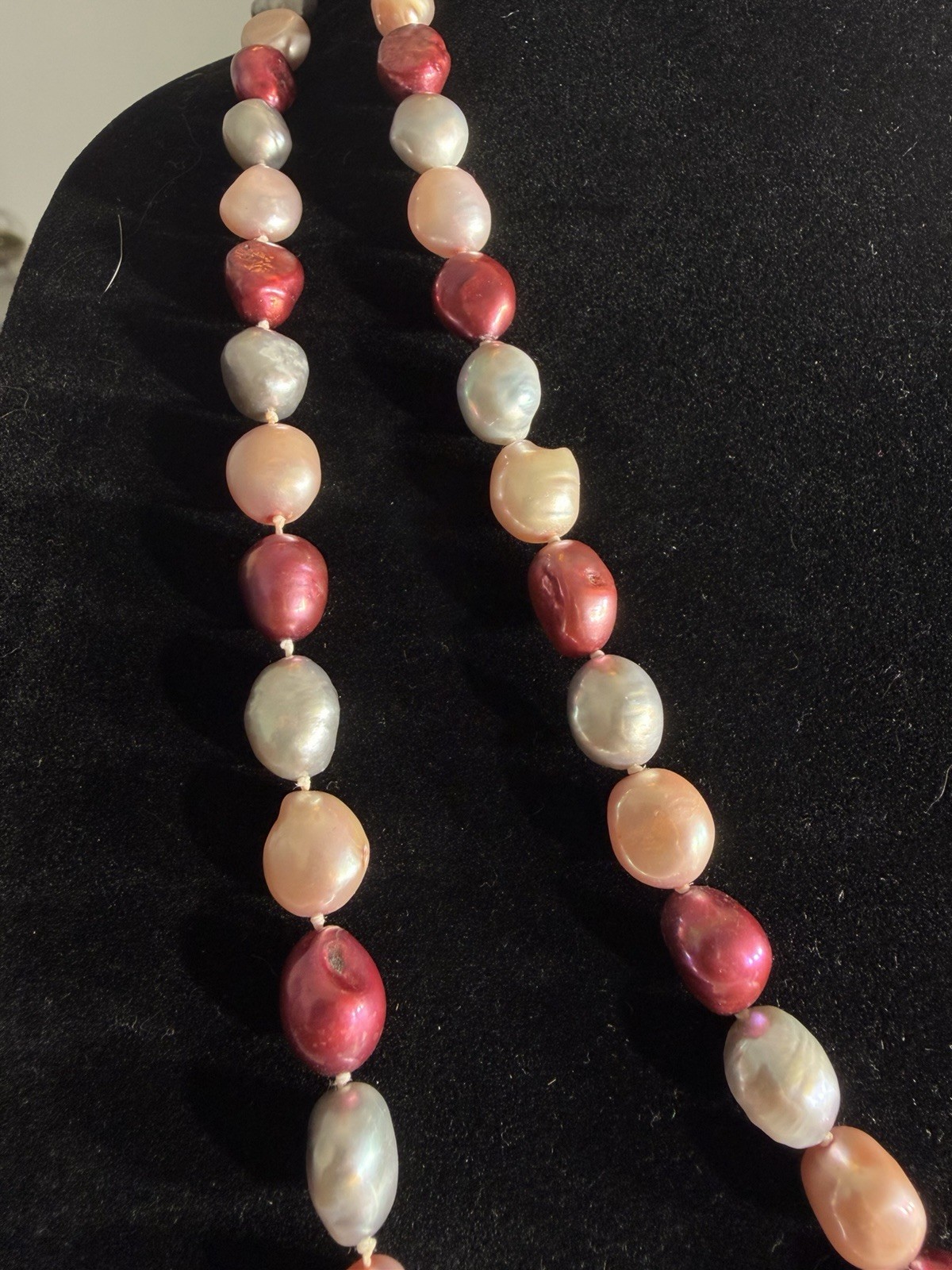 Baroque Freshwater Pearl Necklace Dyed Pink Burgundy Gray Knotted 48” Long