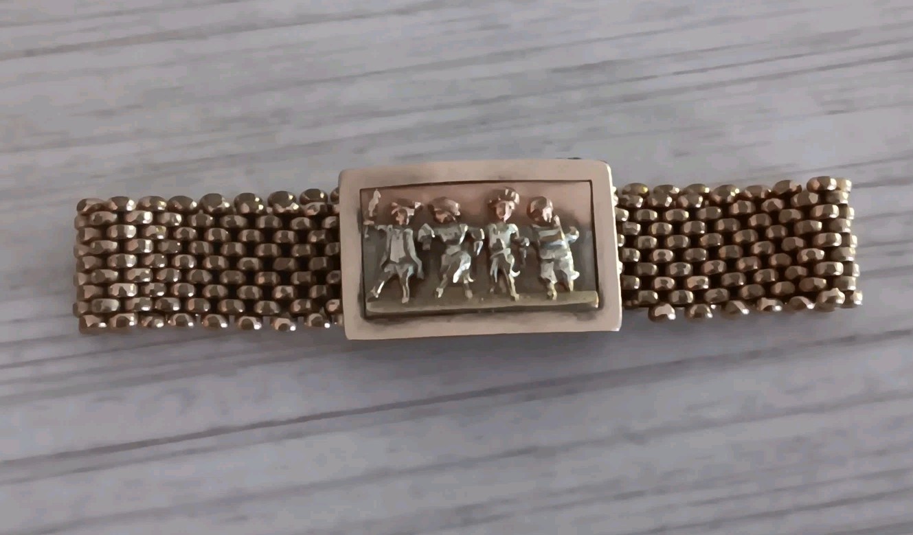 Antique *Damaged* Brass Mesh Link Bracelet Rectangle Clasp People Scene 7″