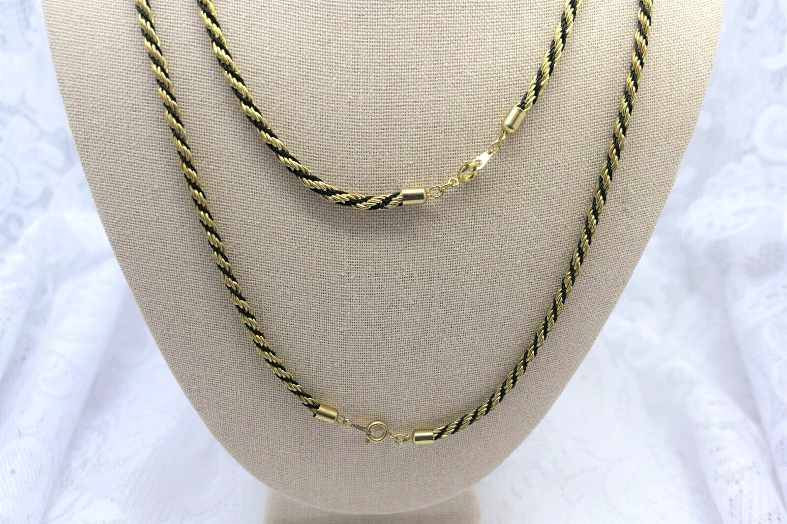 2 Necklaces Gold Tone and Black Twisted Rope Vintage 24″ & 18″