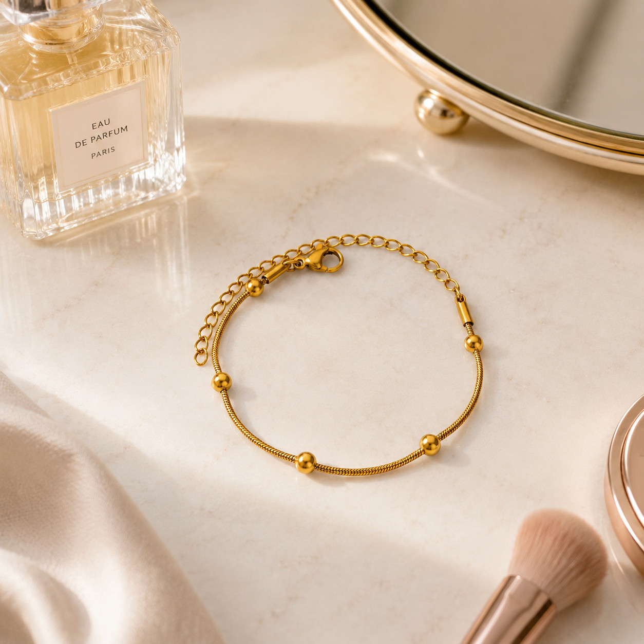 Women Gold Tone Snake Chain Bracelet with Ball Beads Stainless Steel Adjustable
