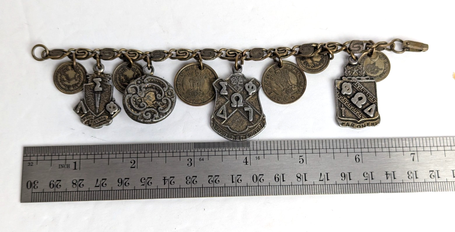 1950s Vintage Heraldic Chunky Charm Bracelet with Pakistan and India Coins 7″