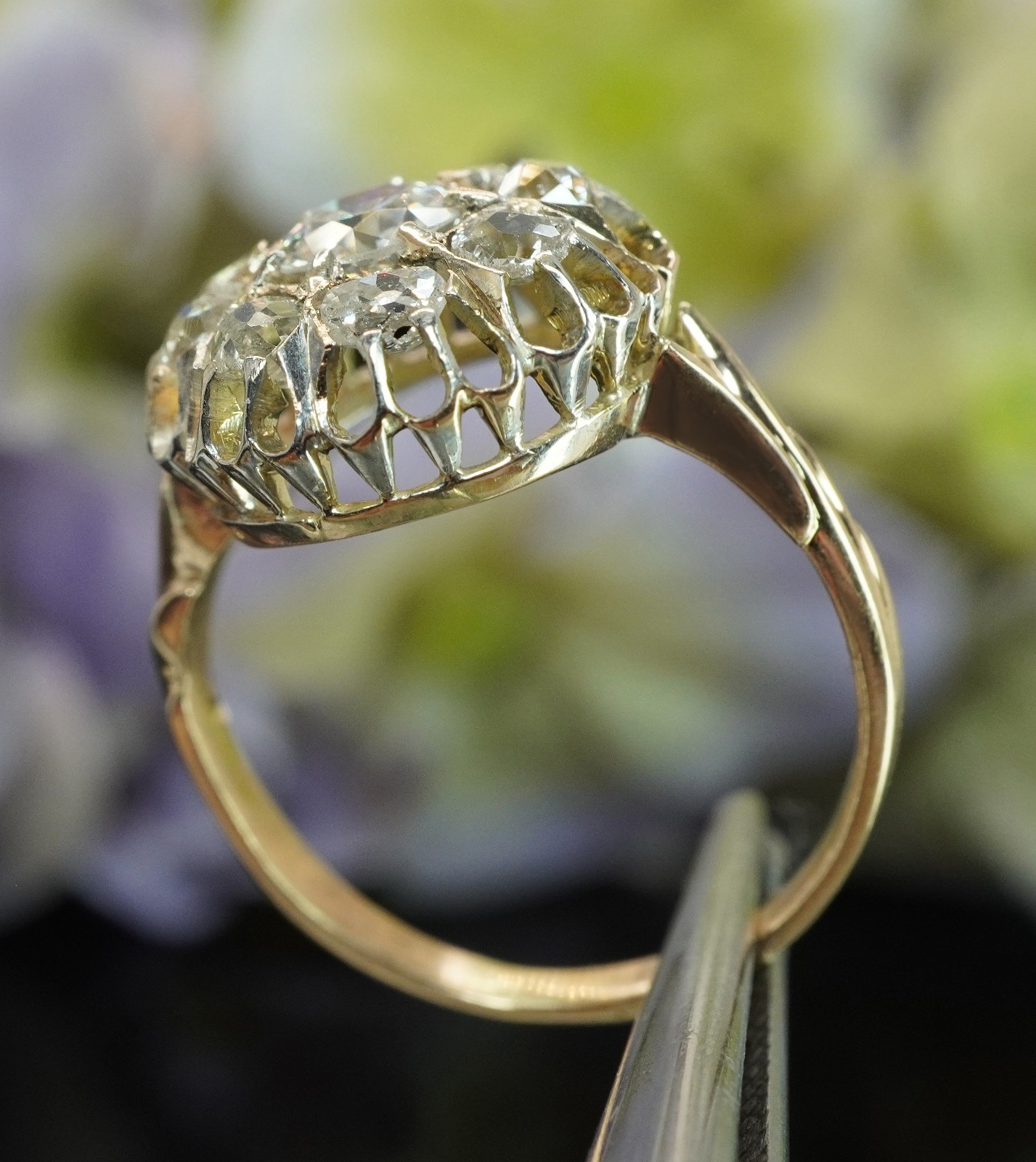 Antique Victorian Old European Mine cut Diamond Filigree Halo Ring 14K Gold