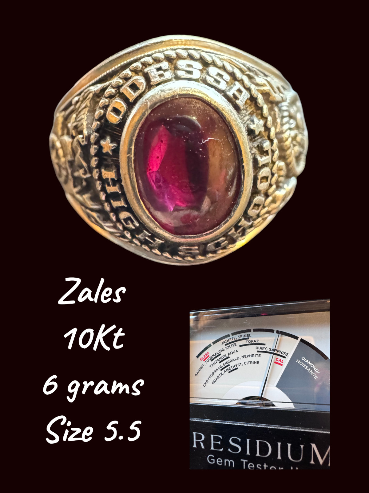 VTG 1965 Ladies Zales 10K White Gold Class Ring Odessa, Tex. High School Sz 5.5