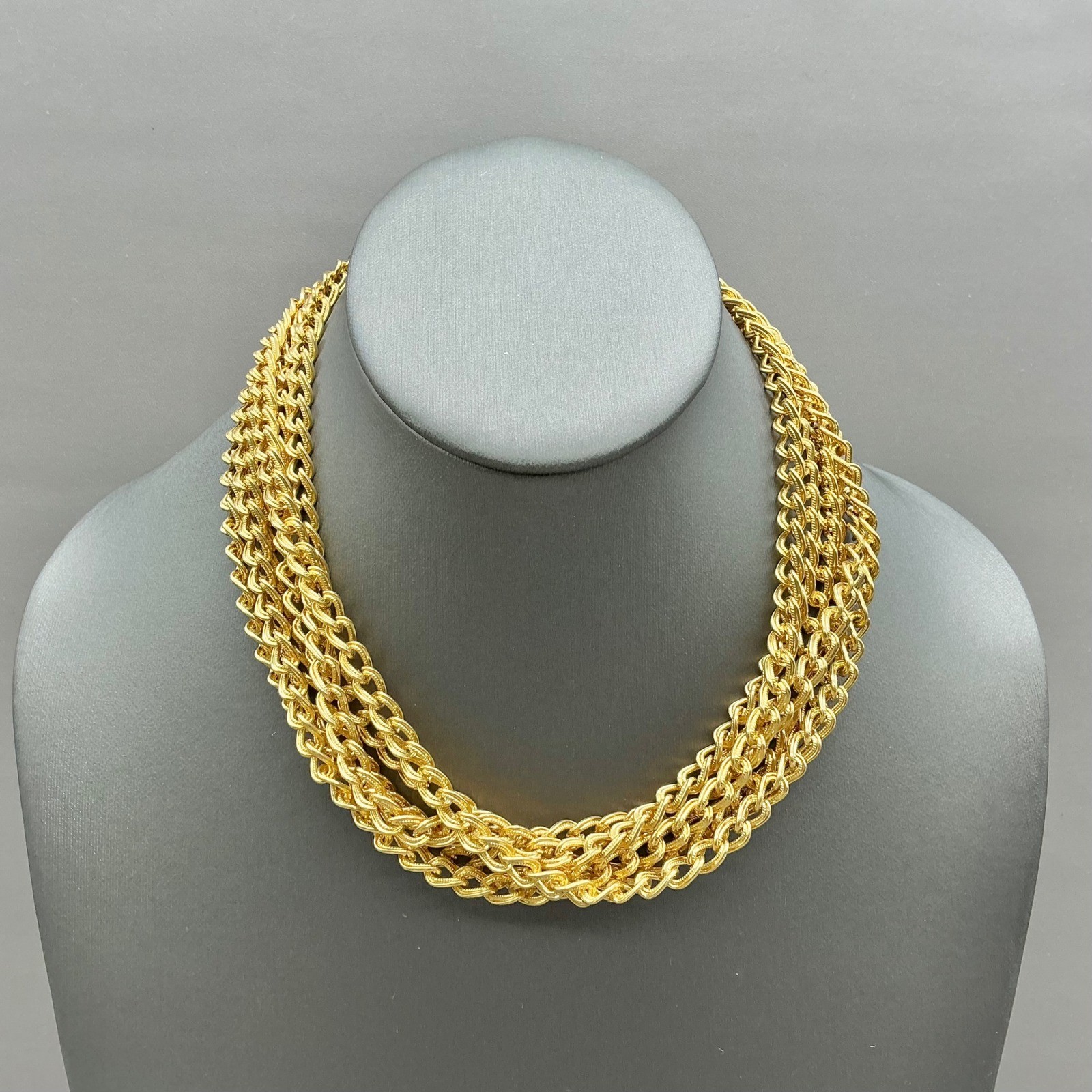 Vintage Necklace Women Gold Tone Multi Strand Chunky Curb Chain Statement 15″