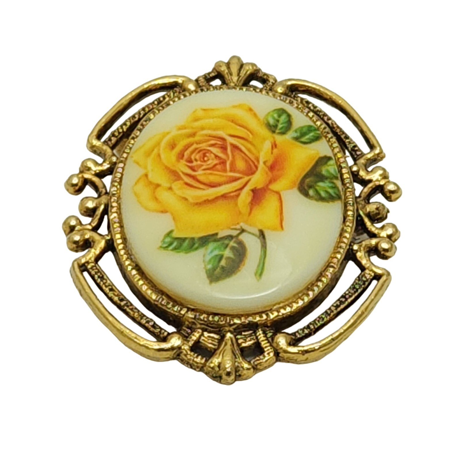 Vintage Yellow Rose Cameo Brooch Gold Tone Ornate Pin Romantic Gift for Her