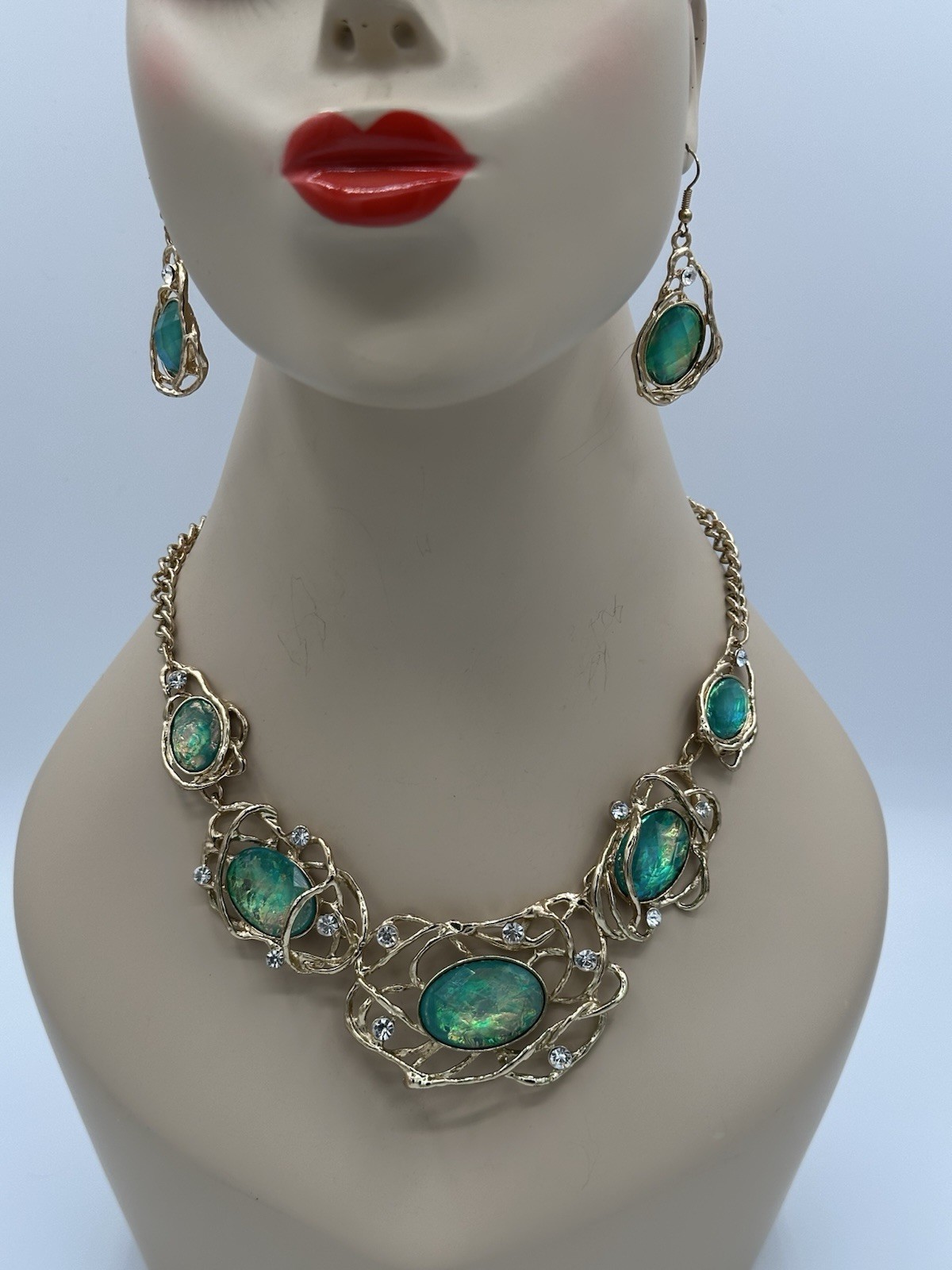 Stunning Vintage 1960’s-70’s Opaline Glass and Rhinestone Demi-Parure Set