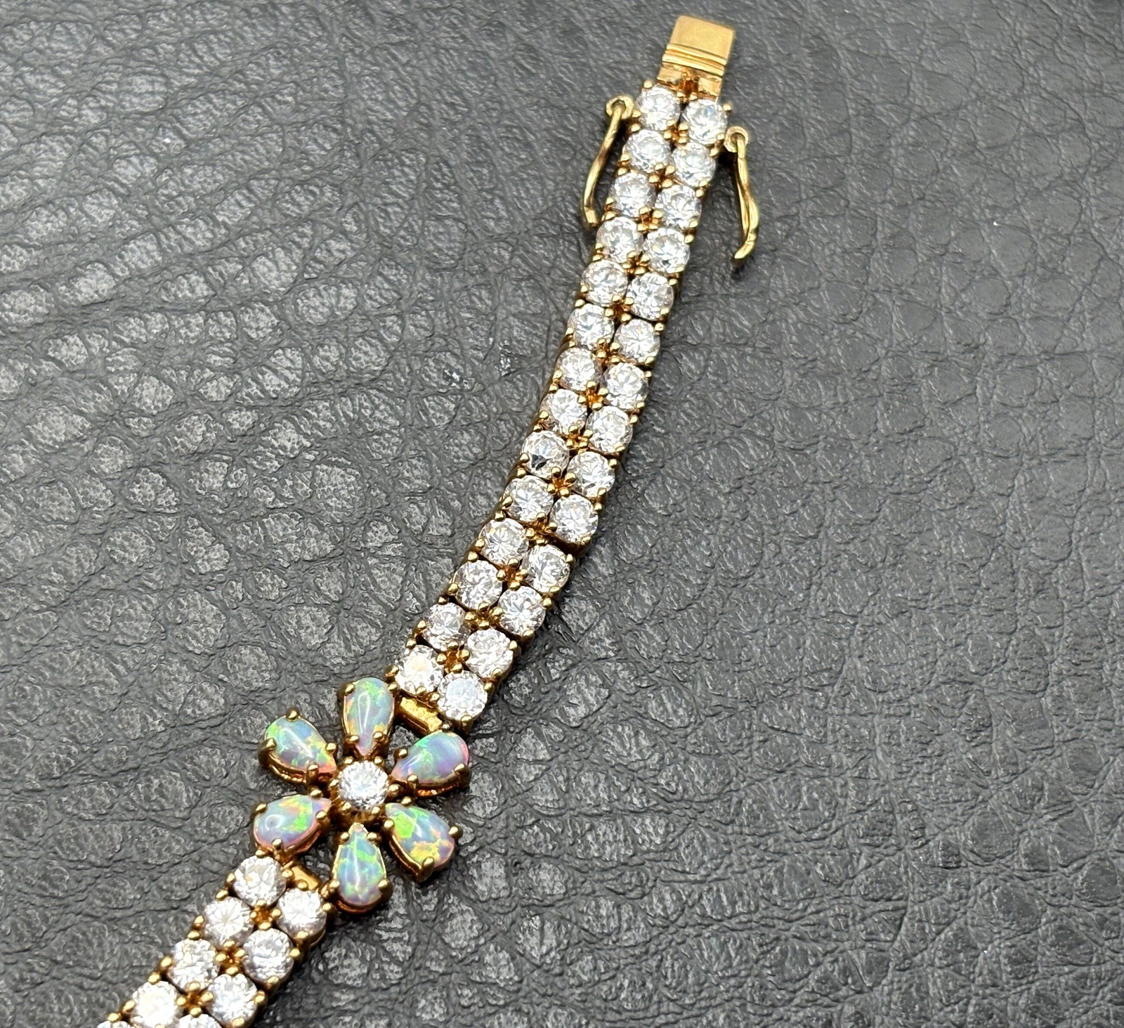 VTG Vermeil Sterling Silver 925 Opal & CZ Tennis Flower Boho Bracelet Floral 8”