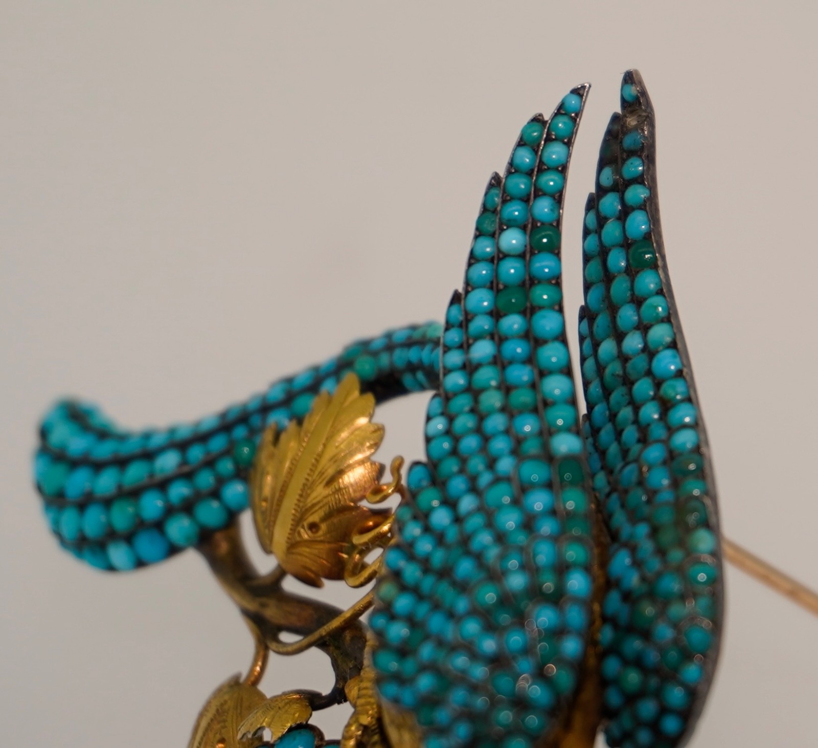 Antique 18K Pave Turquoise & Ruby French Bird Brooch