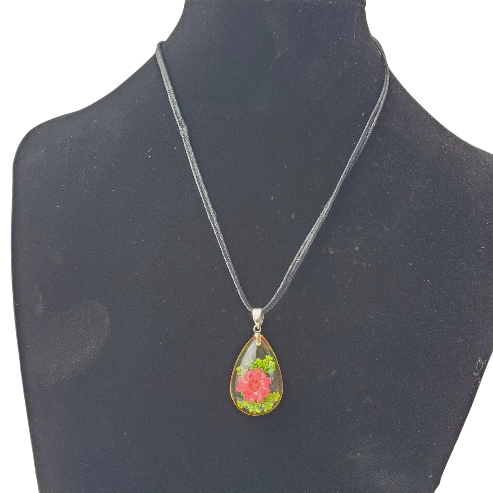 Vtg Acrylic Lucite Pink Flower Teardrop Pendant Necklace 18″ Black Cord