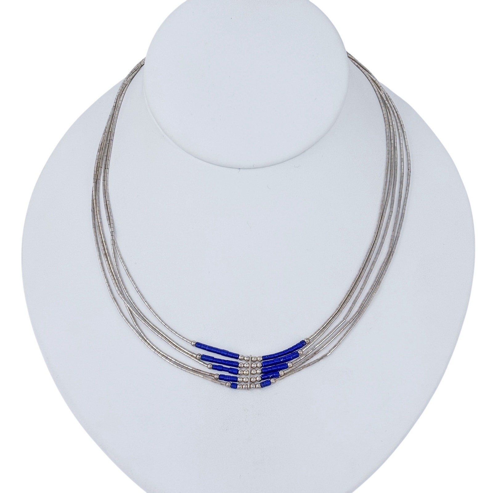 Vintage Sterling Liquid Silver 925 Lapis Lazuli Beaded Necklace | 16.5″