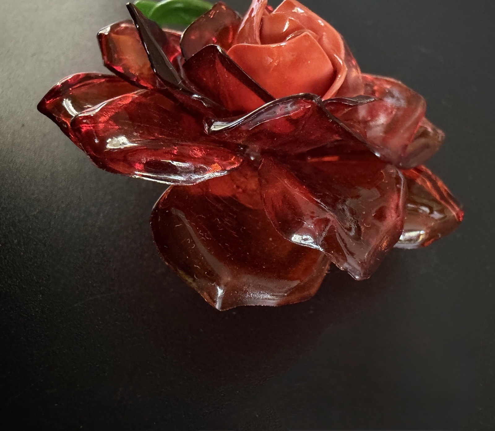 Vtg Coral Cellulose Acetate Rose Flower Brooch Enamel Green Stem 3D Translucent