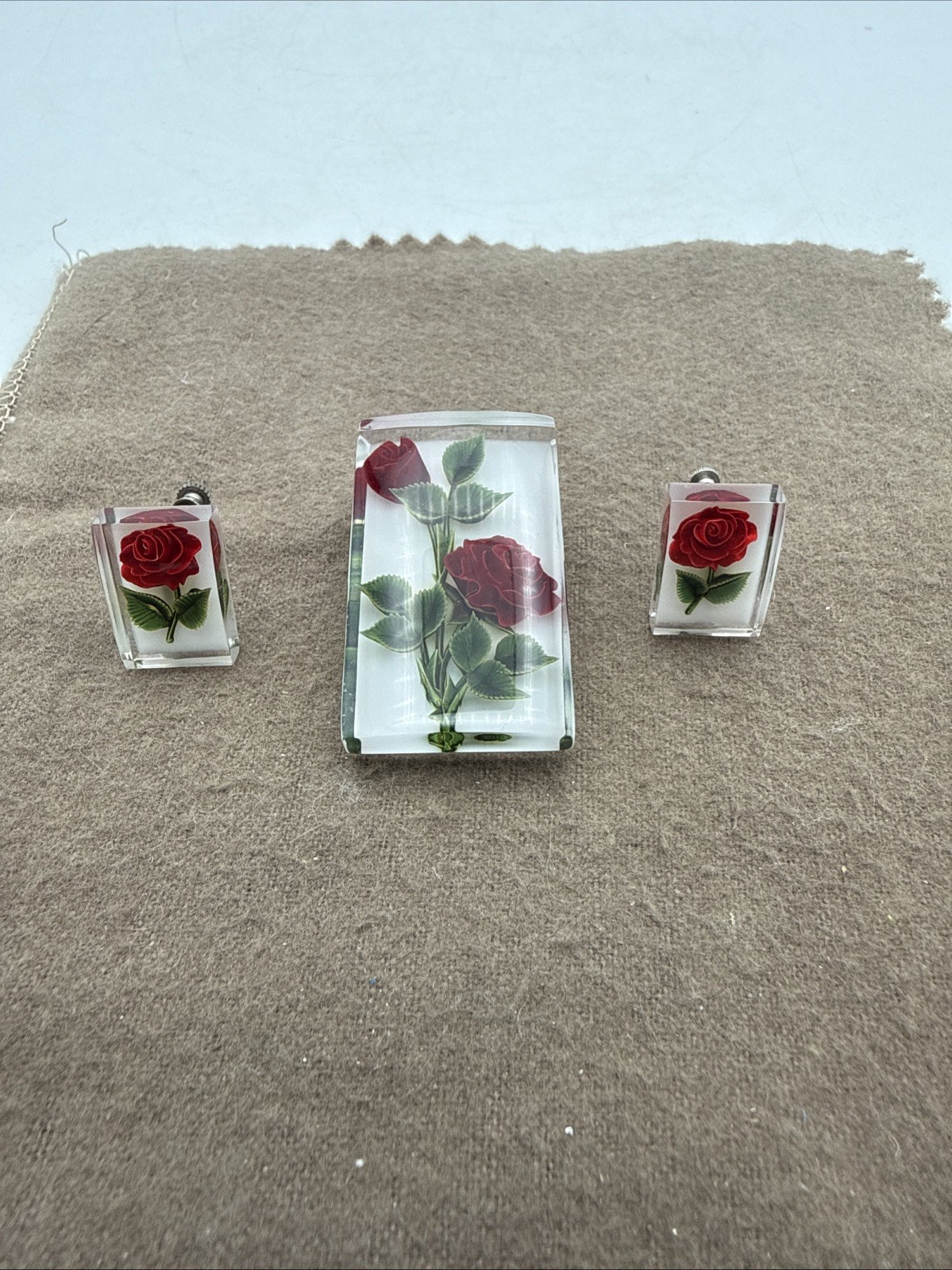 Vintage Lucite Encased Red Rose Green Leaves Screw Back Earrings & Brooch Set