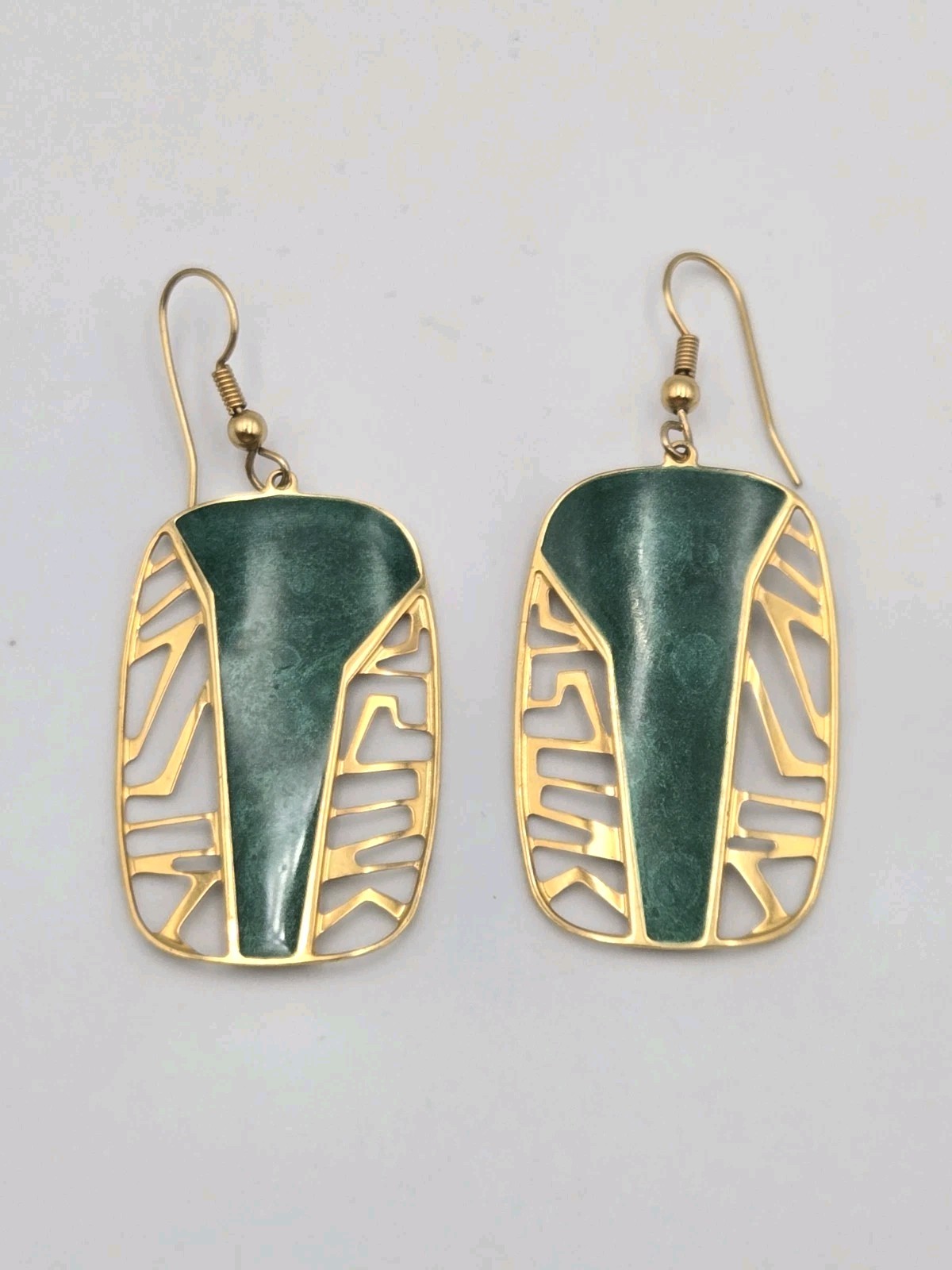 Edgar Berebi Vintage Art Deco Jade Green Enamal Dangling Gold Tone Earrings