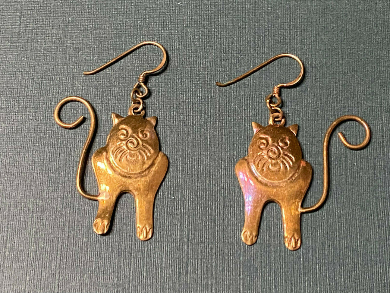 Vintage Brass Cat Dangle Earrings with Cute wire tails – FREE SHIP- USA SELLER