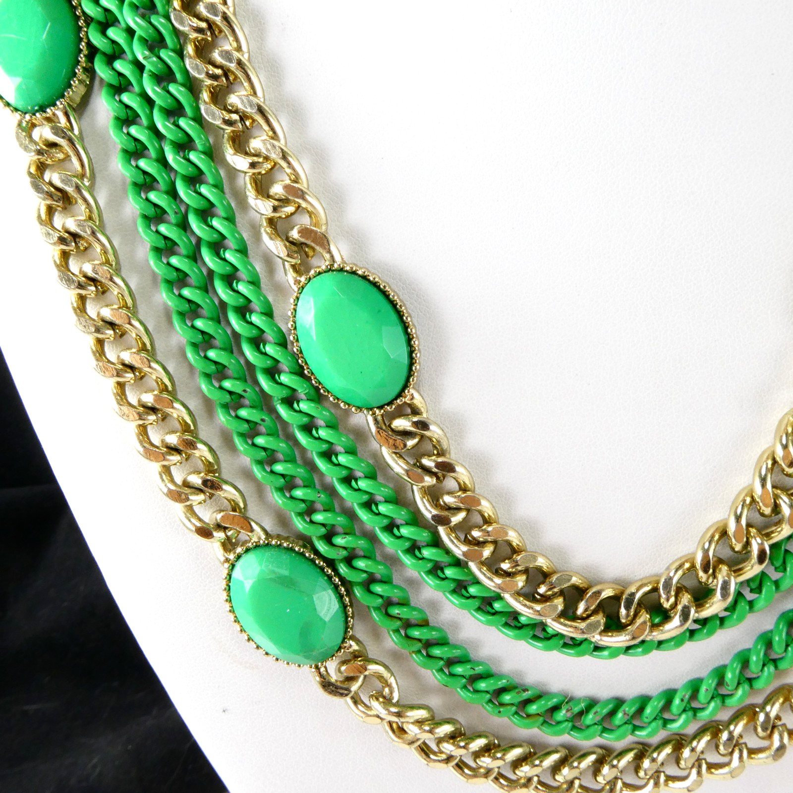 Multi Chain Necklace Gold & Green Enamel Oval Accents Designer Quality