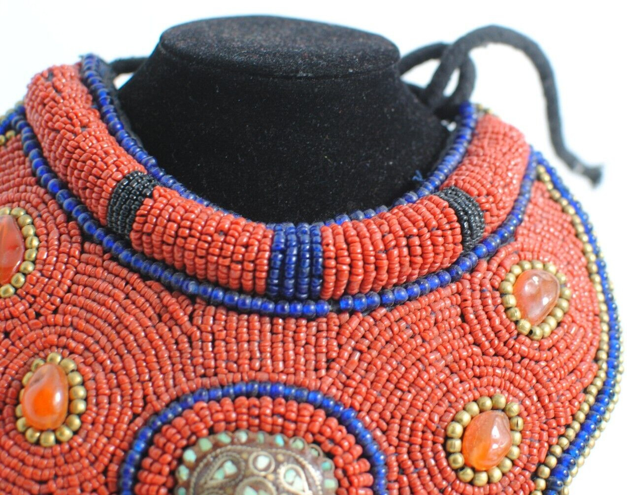 Vintage Ethnic Tribal African Beaded Bib Necklace Handmade 8″ by 10″