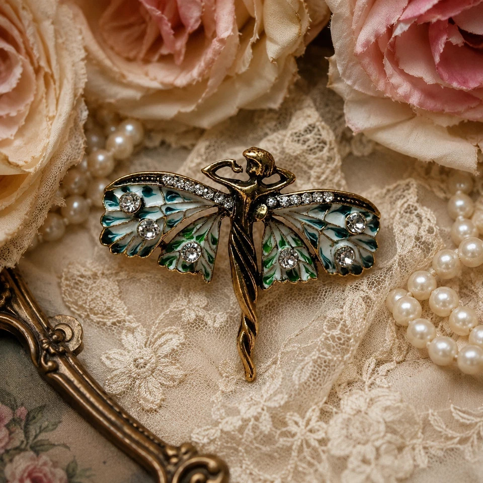 Vintage Fairy Nymph Brooch Pendant Antique Art Nouveau Shawl Pin for Women