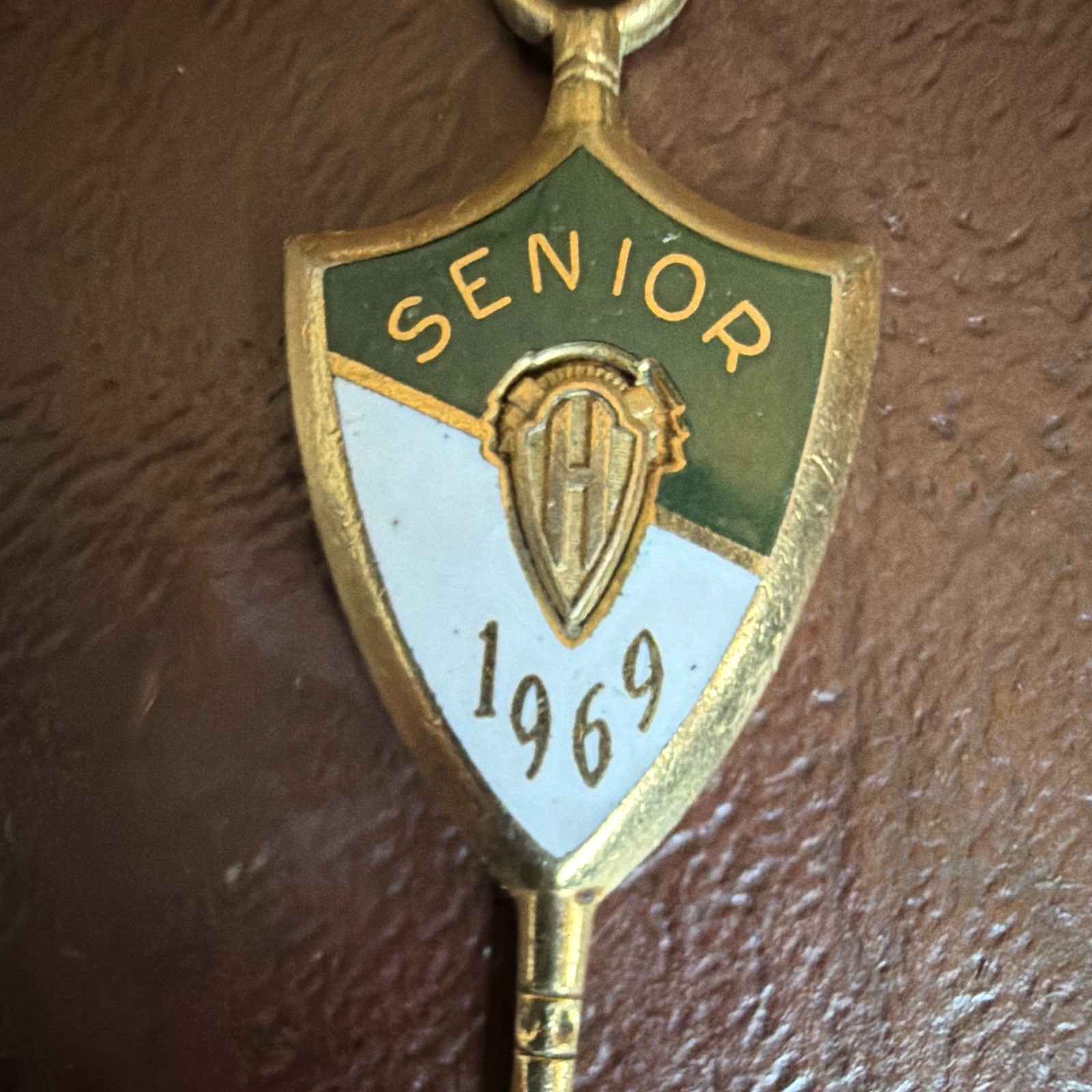 Josten’s Senior 1969 Shield Dangle Charm Pendant-Gold Tone-Green & White Enamel