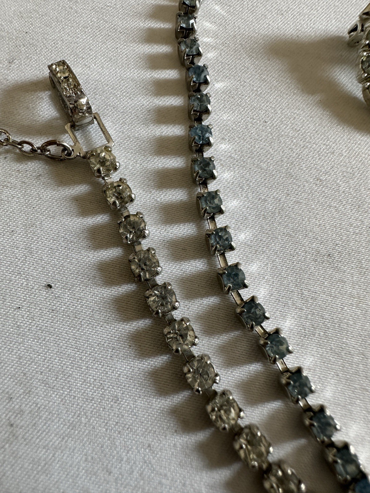 Vintage Rhinestones Jewelry Set Necklace Bracelet Pin Earrings Blue Clear