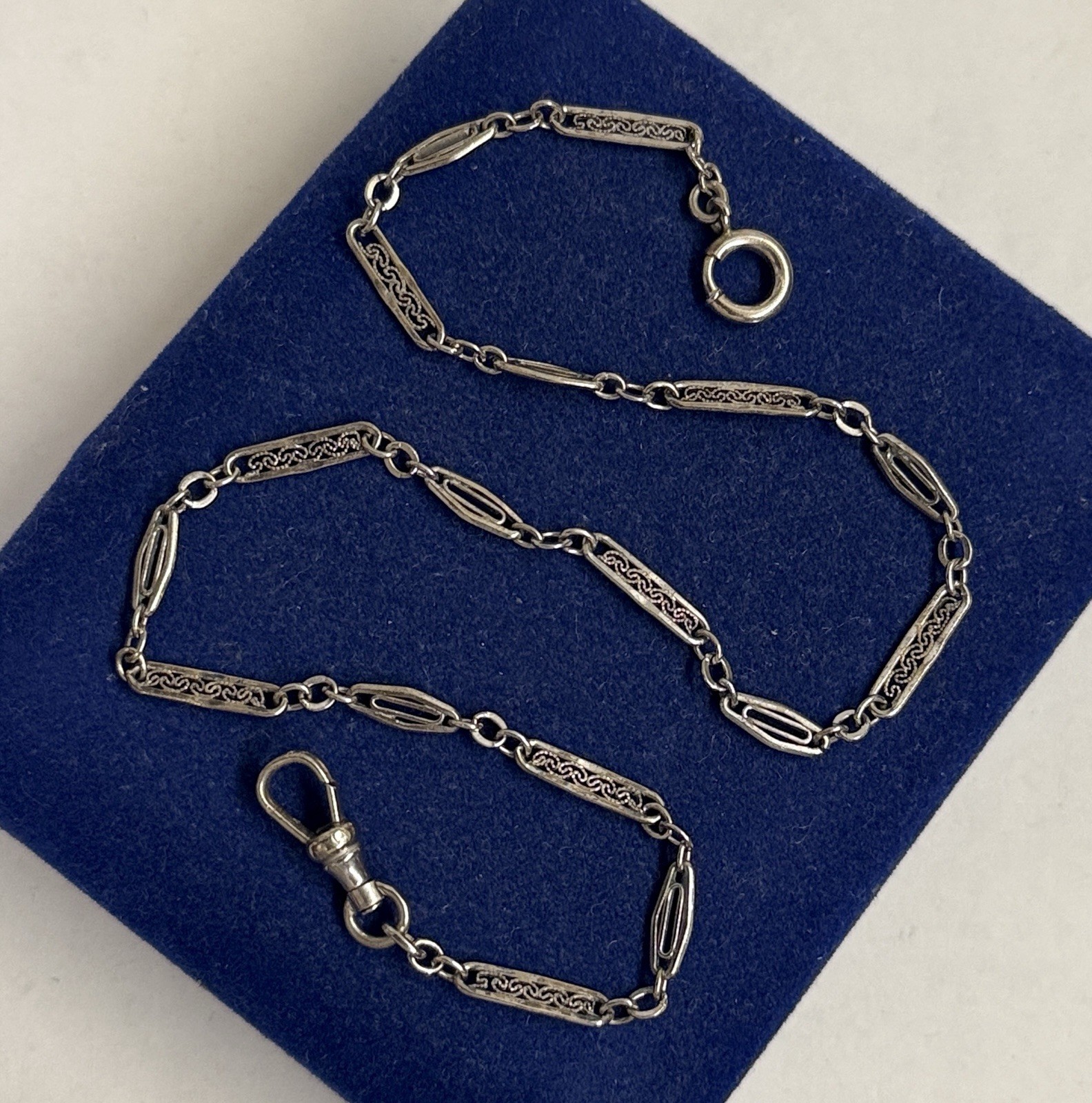 Filigree White Gold Filled Fob Detail Bar link 13.5” 5.4g Vtg victorian 3.4mm Gf