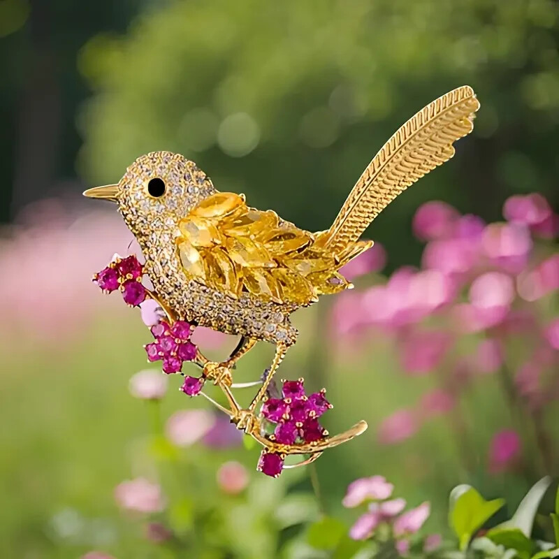 Beautiful Colorful Bird Flower Brooch Pin Shiny Zircon Women’s Fashion Gift