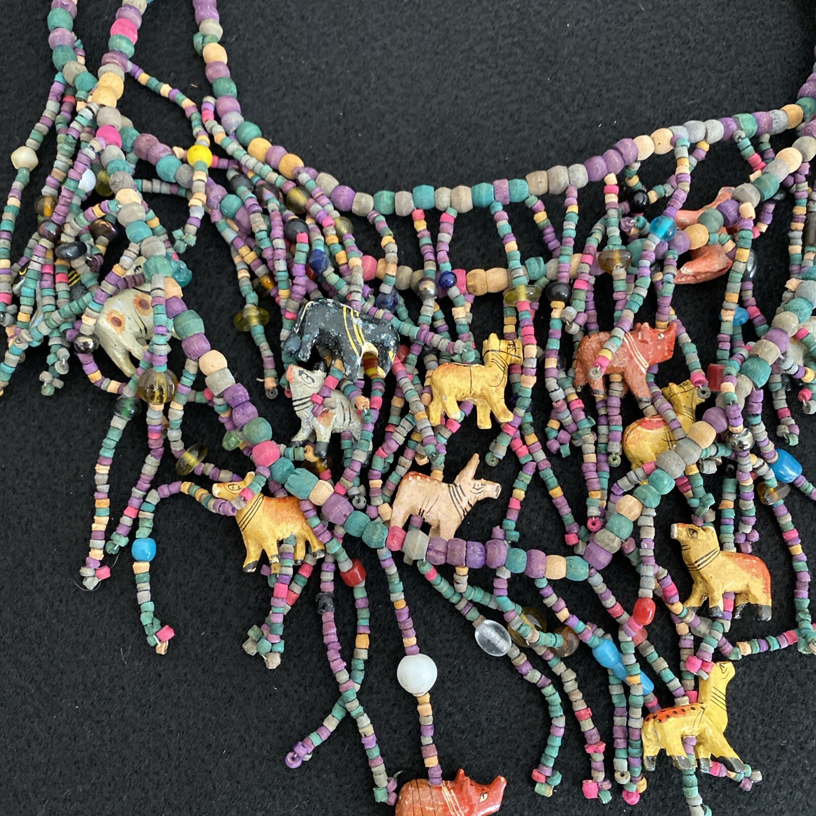 Vintage African Multi-Strand Wooden Carved Animal & Beads Necklace Earrings Set