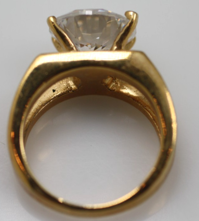 18K yellow gold plated large 12mm round clear stone double style band ring sz 8