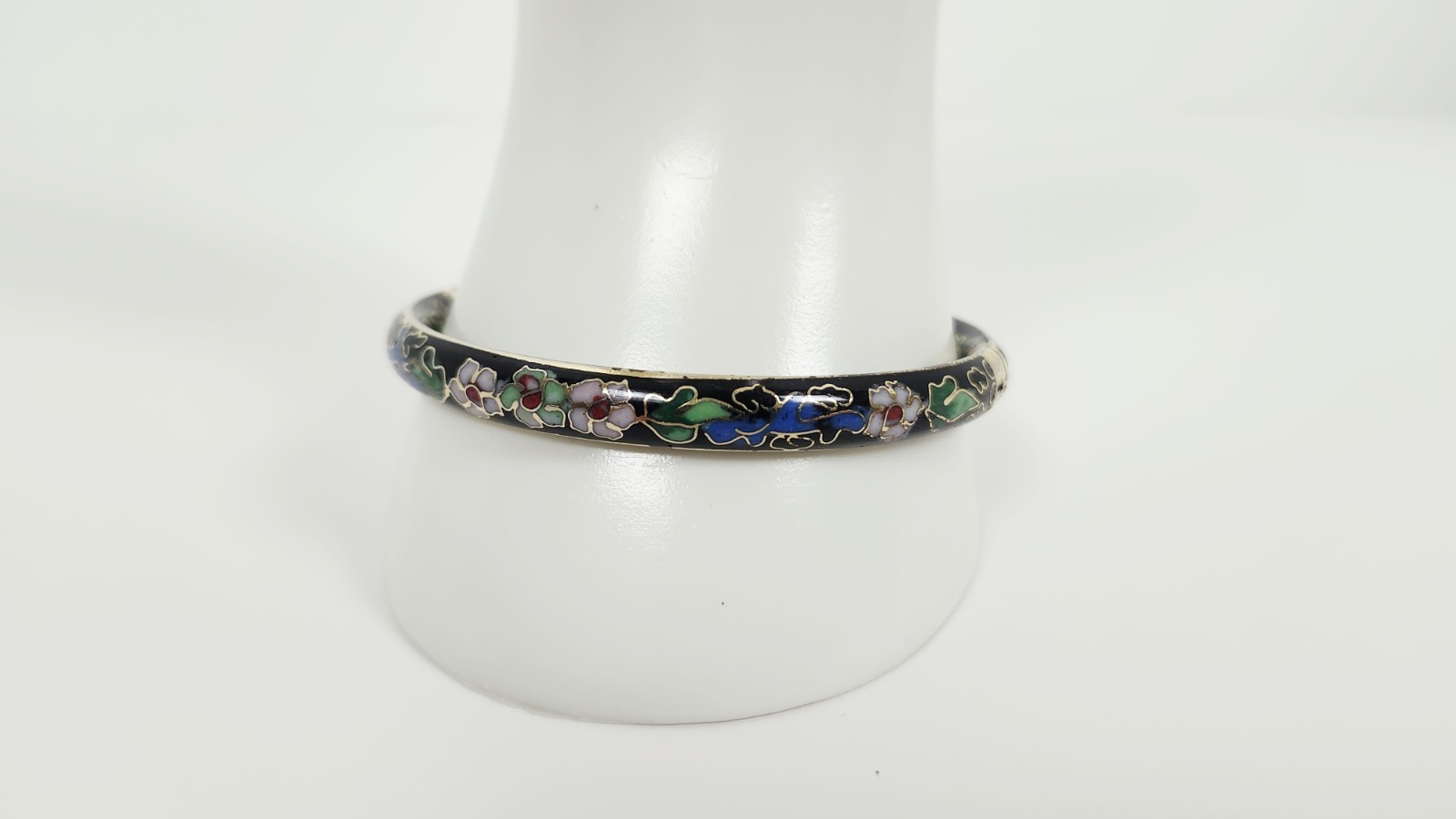 Vintage Chinese Black Cloisonné Enamel Bangle Bracelet Floral Hinged Gilt Brass
