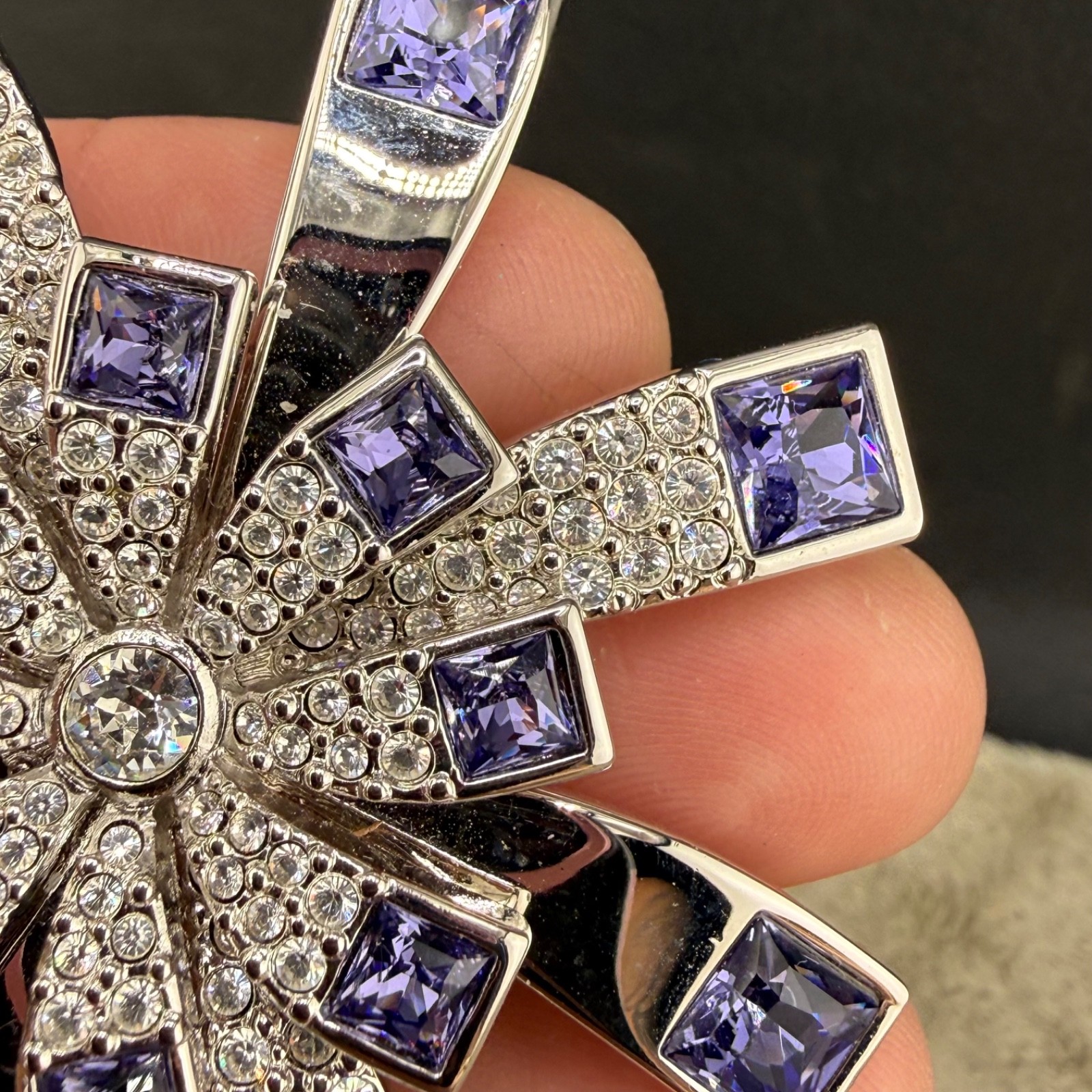 Vintage Swarovski Brooch Purple Starburst Silver Tone