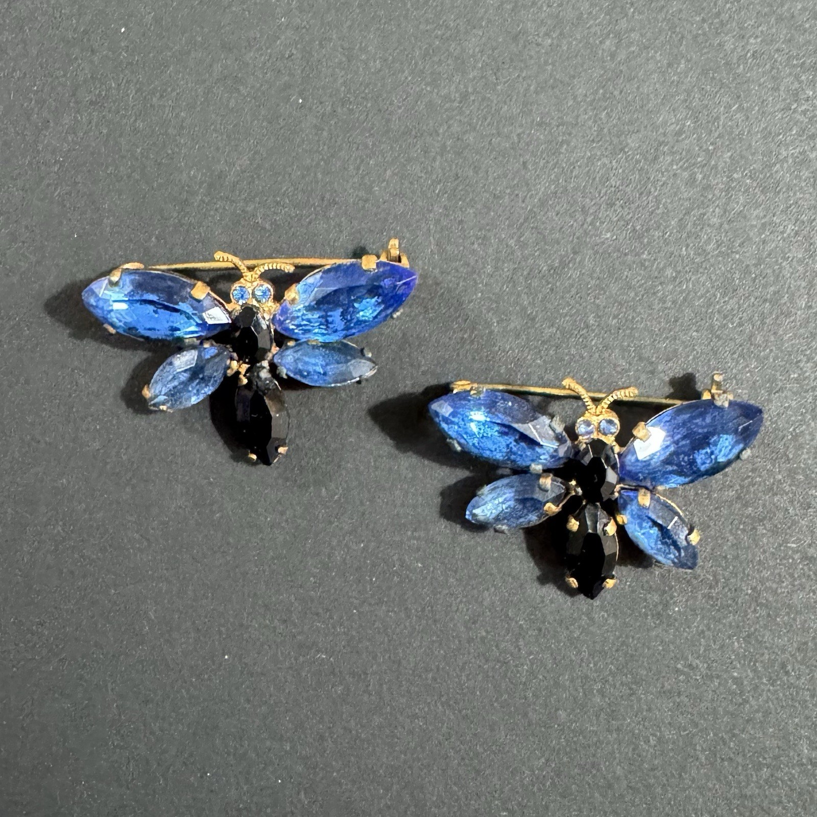 Vintage Czecho Butterfly Brooch Pair Blue Glass Art Deco Matching Set