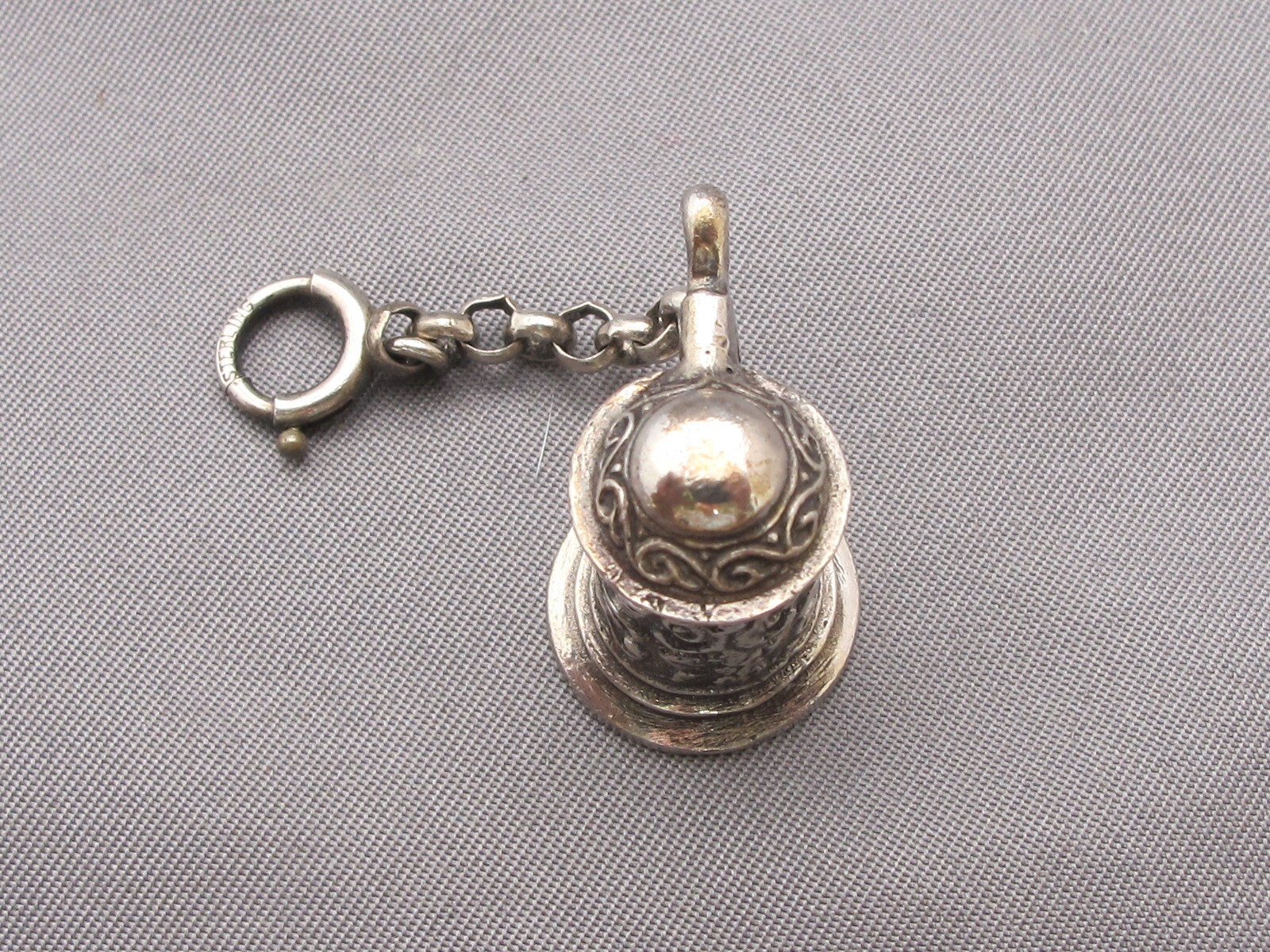 Vintage STERLING TANKARD CHARM on CHAIN-Working Lid