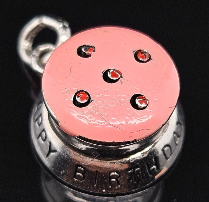 Sterling Silver WELLS HAPPY BIRTHDAY CAKE Candle Charm Pendant Mechanical Enamel