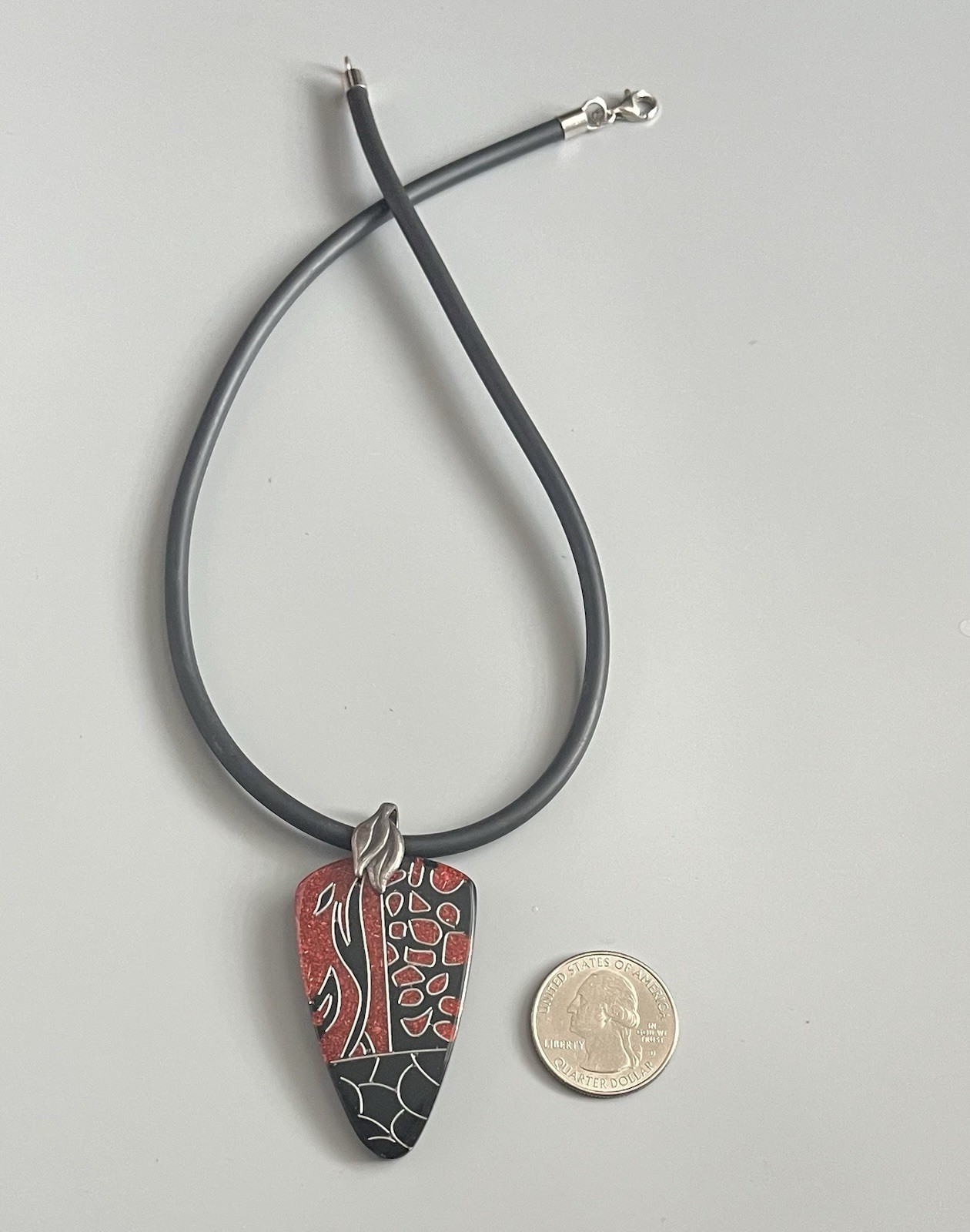 VTG Black Lacquer Abstract Pendant Sterling Clasp-Black Cord-Necklace 16.5”