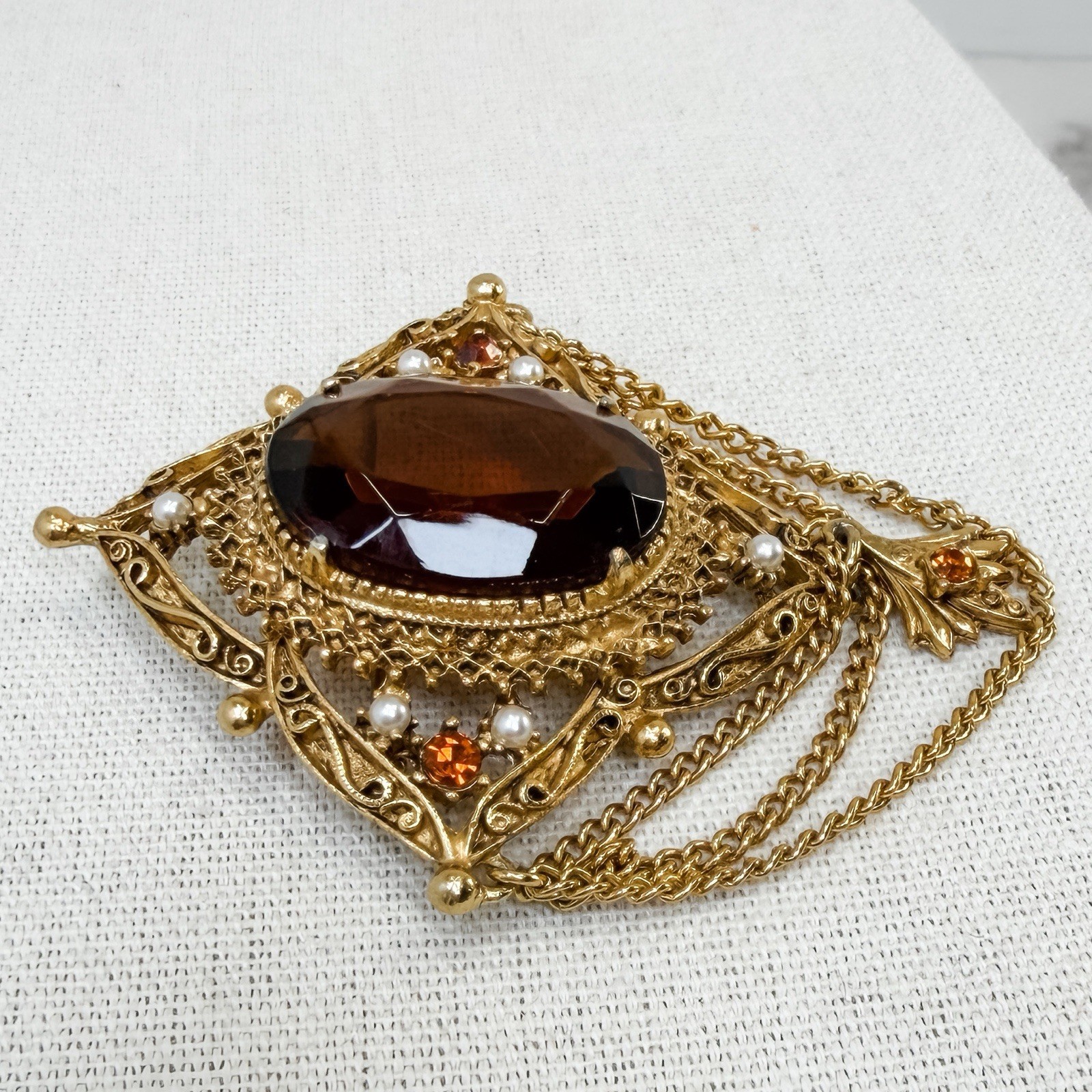 Vintage Florenza Victorian Shield Brooch & Earrings Set Gold Amber Pearl Glass
