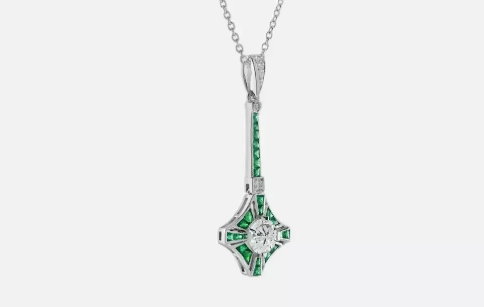 Art Deco Style Round Lab Created Diamond & Emerald Pendant 14k White Gold Finish