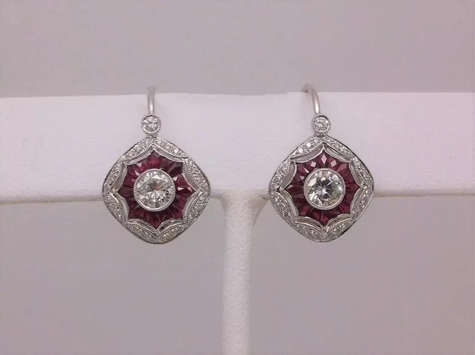 At Deco Style Lab Created Diamond & Ruby Anniversary 14K White Gold FN Earring