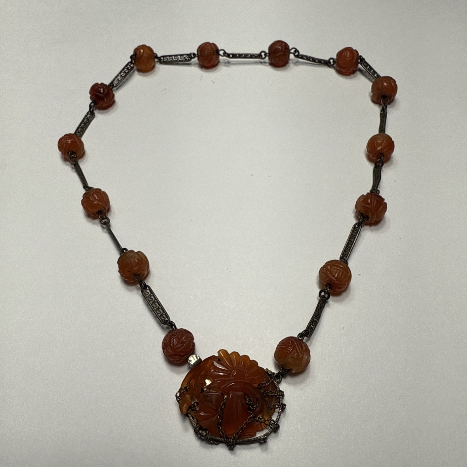 VTG Antique Chinese Carved Carnelian 15.5” Sterling Choker Necklace TLC