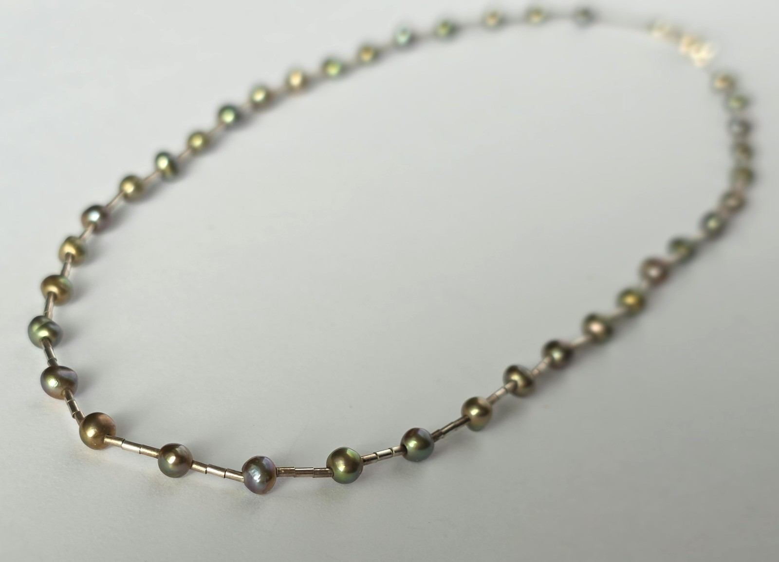 925 Sterling Silver Peacock Pearl Station Necklace 16″ Taxco Style Vintage