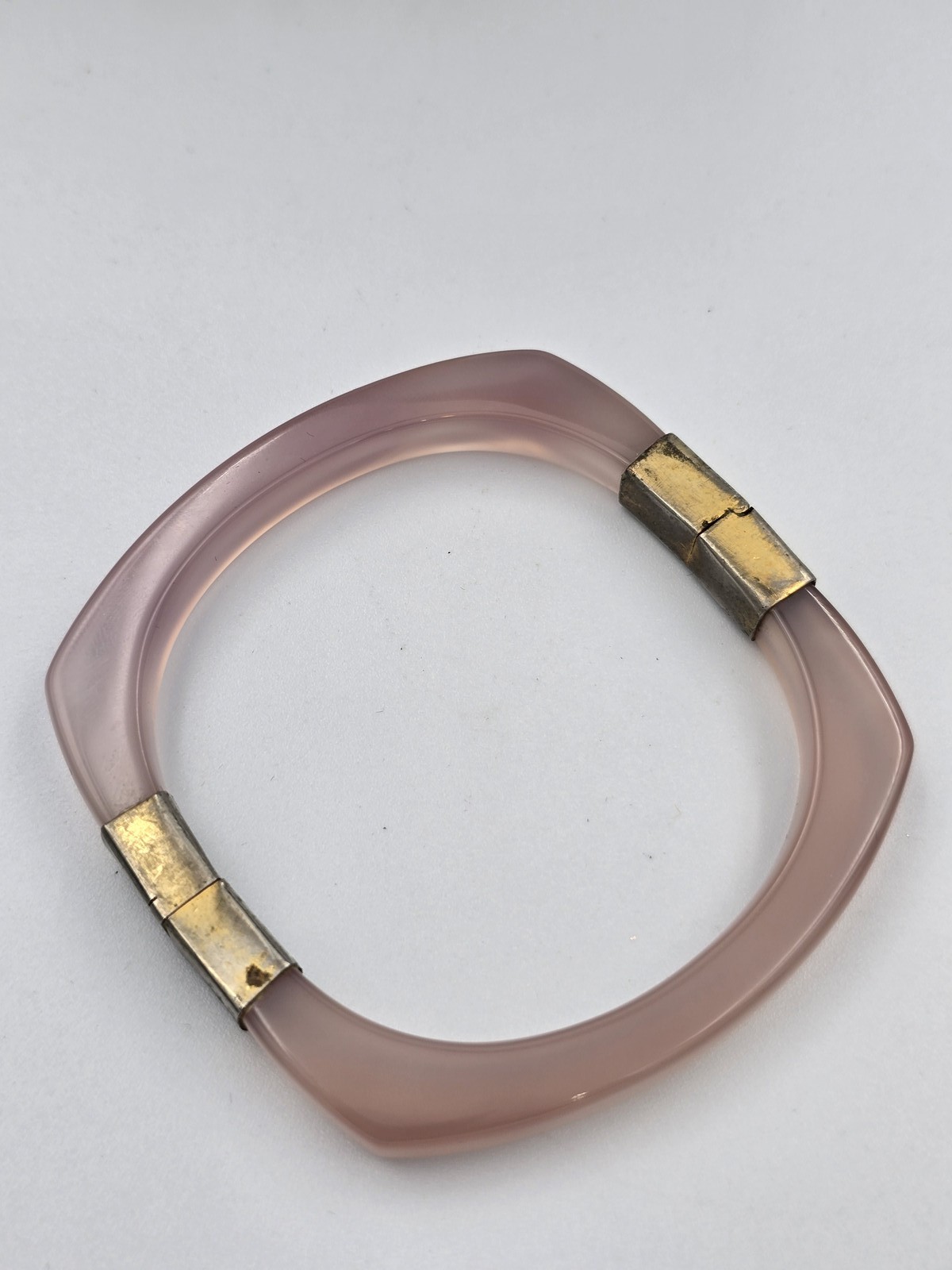 Vintage Rose Quartz Square Bangle Bracelet Gold Tone Hinged Closure Estate Find