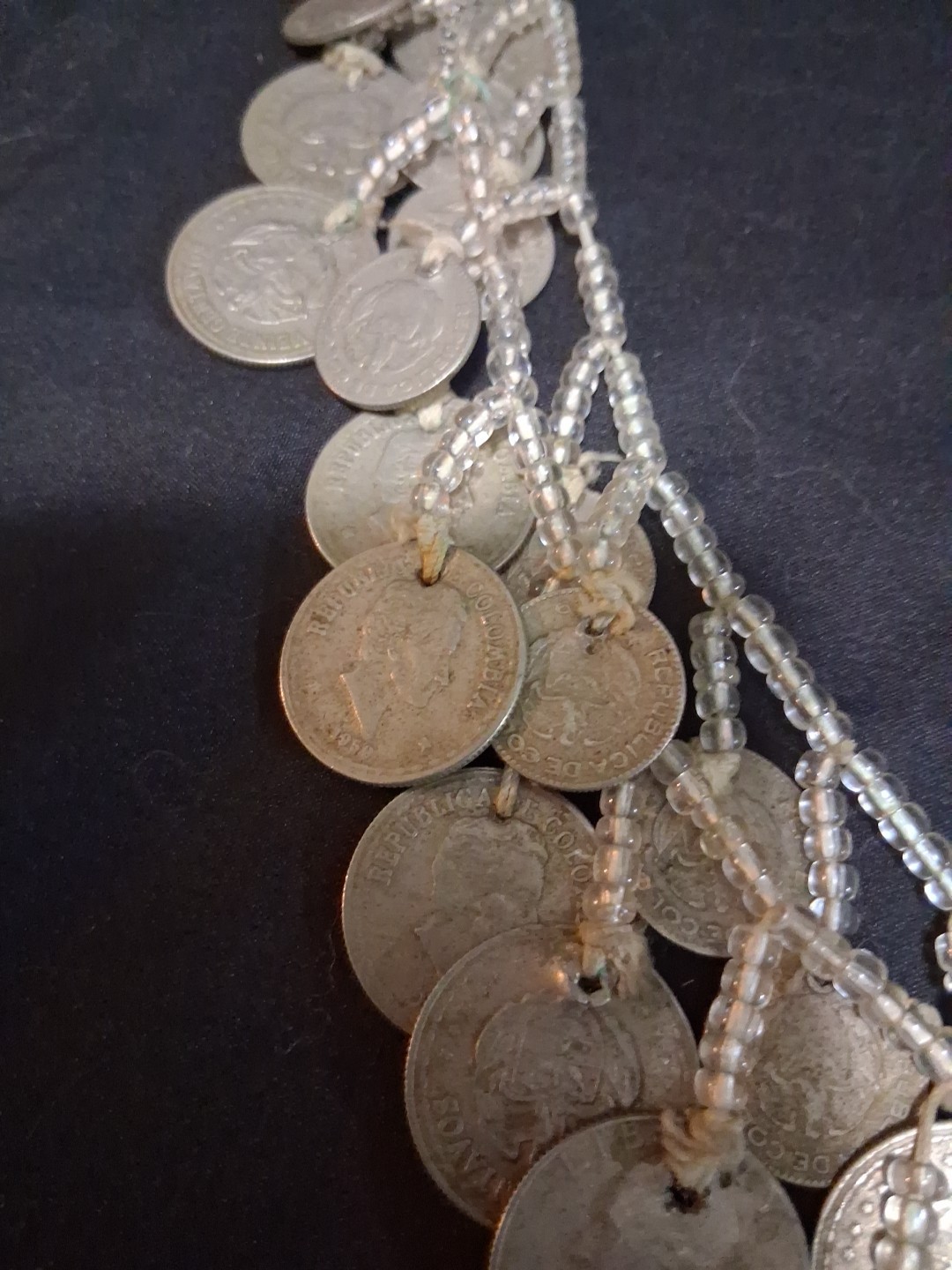 Coins From Around The World Necklace 1930s-60s Clear Beads String Custom Made