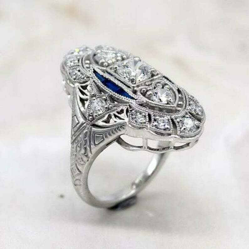 Art Deco Style Lab-Created Diamond & Sapphire Engagement Ring 14K White Gold FN