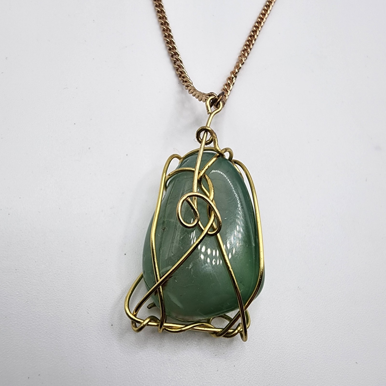 Vintage Artisan Gold Tone Wire Wrapped Jade Pendant Necklace Healing Green Stone