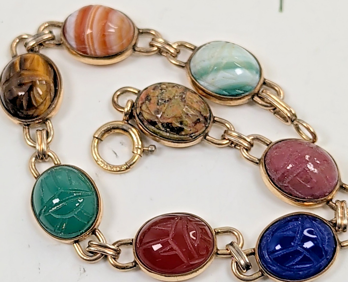 Vintage WRE 1/20 12K GF Gold Filled Multi Gemstone Carved Scarab Link Bracelet