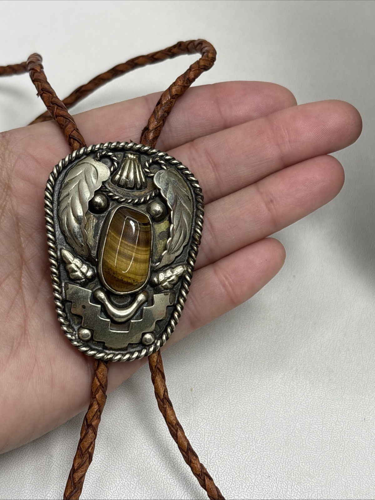 Vintage Tooled Alpaca Silver Tiger’s Eye Bolo Tie Braided Leather Southwestern