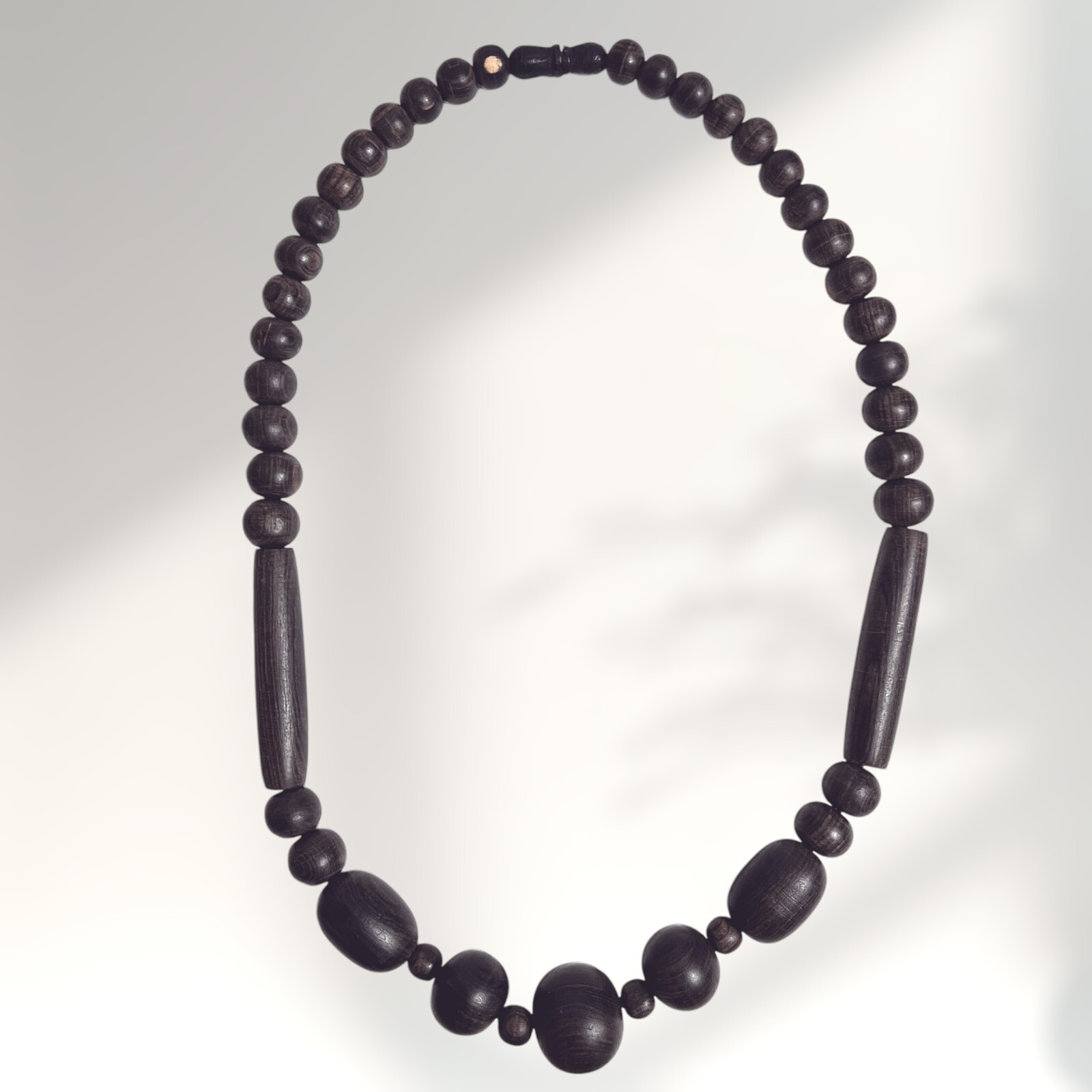 Vintage African Wood Necklace Dark Brown Carved Beaded Folk Art Jewelry Wooden